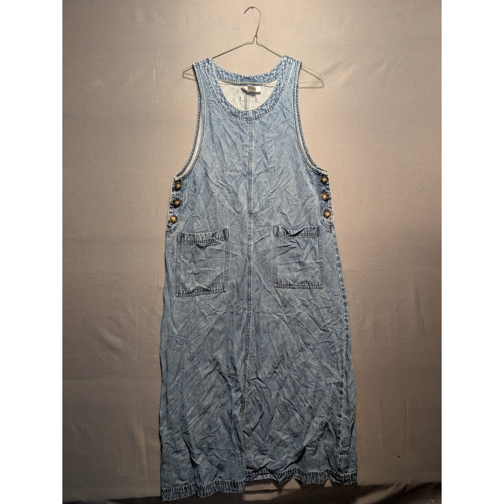 Vintage Charles Keath Overall Dress Womens Small Blue Denim Tencel Pinafore Midi
